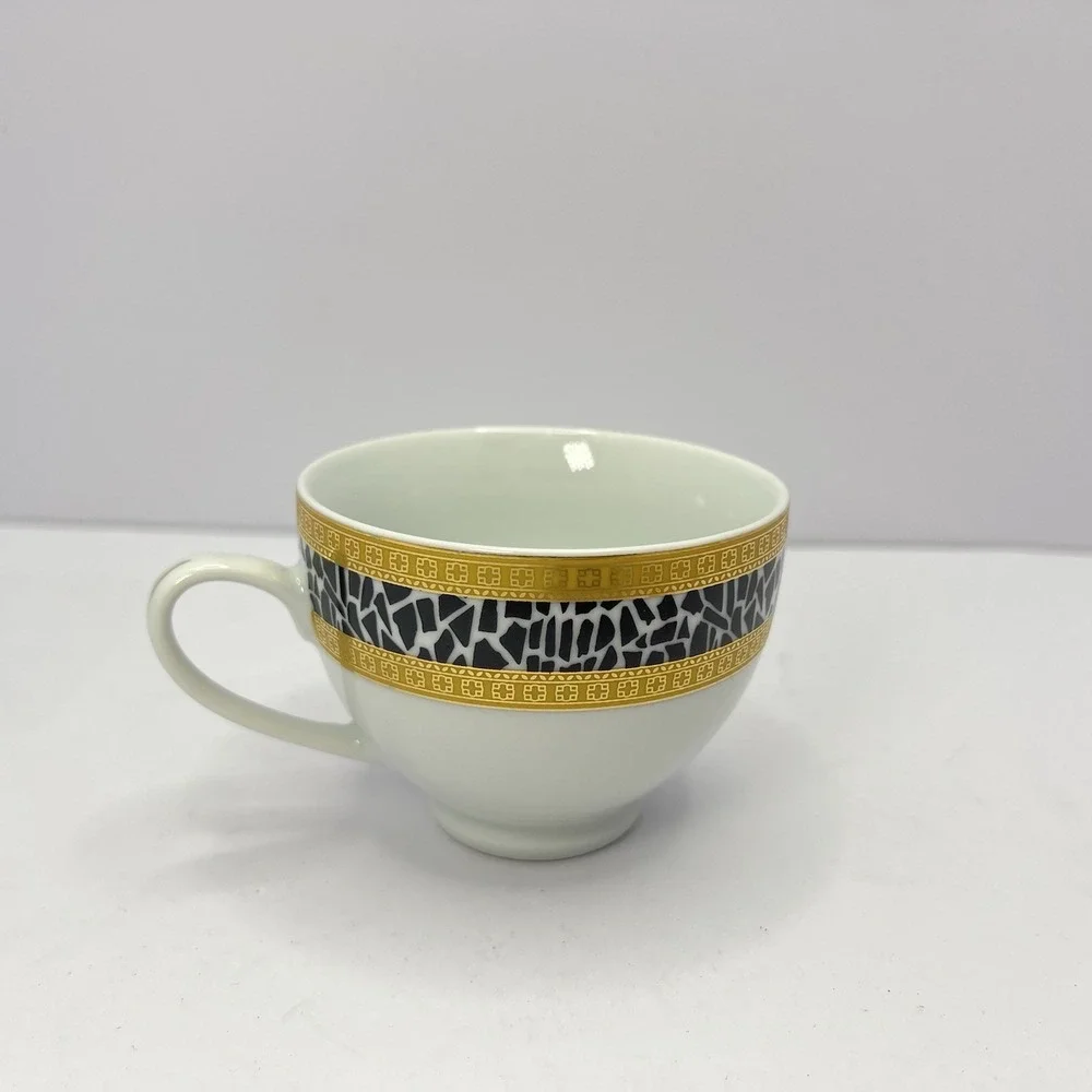 GNA Fine Porcelain Tea Cup Gold Trim with‎ Black and White Mosaic Pattern Italy